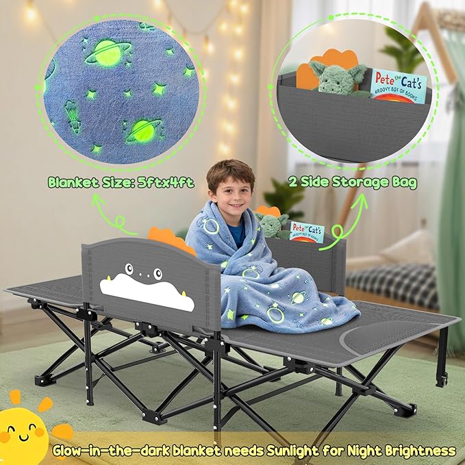 Slendor Toddle Cot, Toddler Portable Bed w/Cartoon Handrail, Blanket (5ft x 4ft), Folding Toddler Cots for Camping, Travel Bed, Extra Long Cot Length 56", Support 330 Lbs, Gray