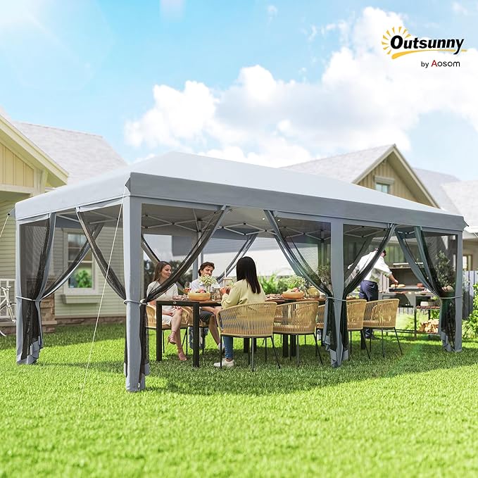Outsunny 10' x 20' Pop Up Canopy Tent with Netting, Heavy Duty Instant Sun Shelter, Large Tents for Parties with Carry Bag for Outdoor, Garden, Patio, Gray