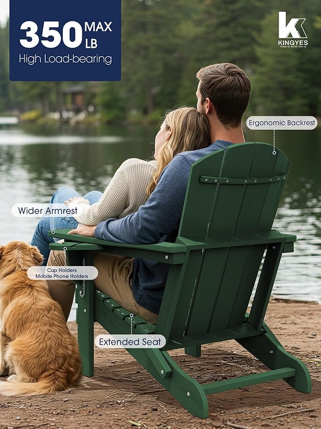 KINGYES Folding Adirondack Chair Set of 2, Dual Cup Holders & All-Weather HDPE, Wood-Like Patio Chair for Backyard, Camping, Pool & Fire Pit, Dark Green