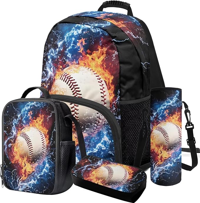 Baseball Backpack and Lunchbox Boys Sports Backpack Lightweight Trendy Kids Bookbag and Lunch Box Set Boys 4 Piece School Bag for Boys 6-7 Travel Outdoor Daypack Camping
