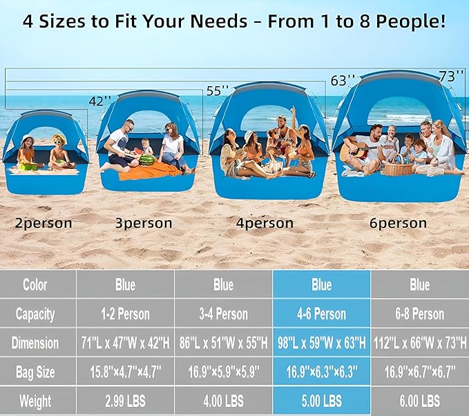 Beach Tent, Portable Sun Shelter for 2/3/4/6-8 Person with UPF 50+ UV Protection, Easy Setup Waterproof Beach Shade Canopy Cabana for Family Outdoor and Picnics, Fishing with Carrying Bag