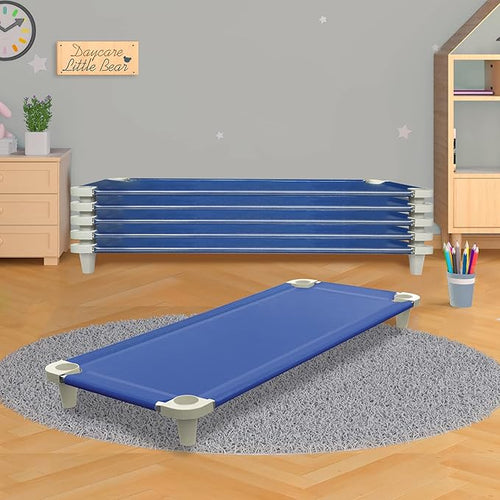 Acrimet Nap Cot for Kids, PortableToddler Child Bed, Stackable 52" L (Stainless Steel Tubes) (Blue Breathable Mesh Fabric - Gray Feet) (5 Pack)