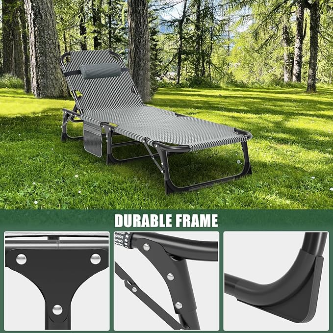 LILYPELLE Folding Outside Chaise Lounge Chair with Mattress, 5 Position Adjustable Patio Folding Lounge Chair Reclining Chairs Perfect for Sunbathing, Camping, Pool, Beach, Patio