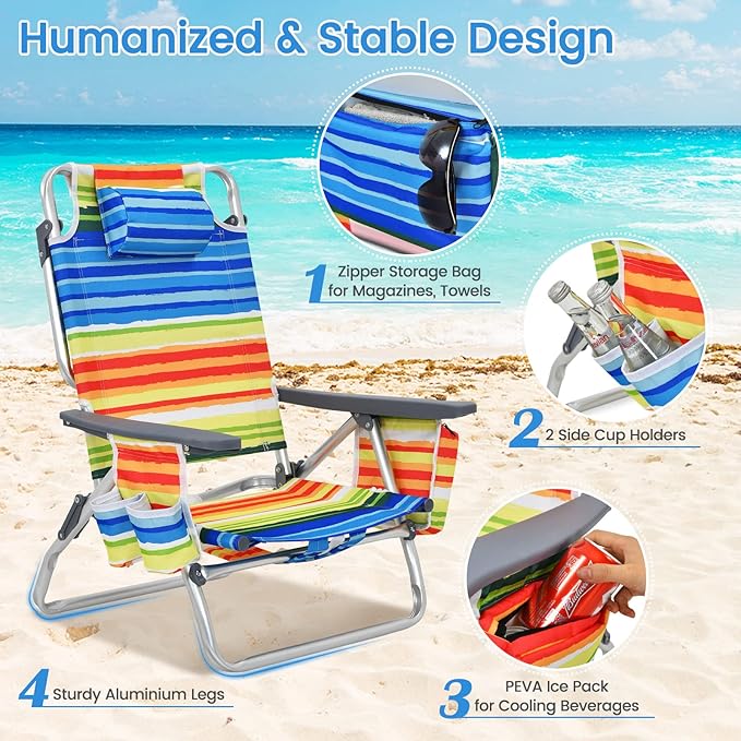 Tangkula Set of 2 Backpack Beach Chair, 5-Position Lay Flat Beach Chairs with Cooler Bag, 2 Cup Holders, Towel Bar, Lightweight Folding Beach Chair with Backpack Straps, Yellow