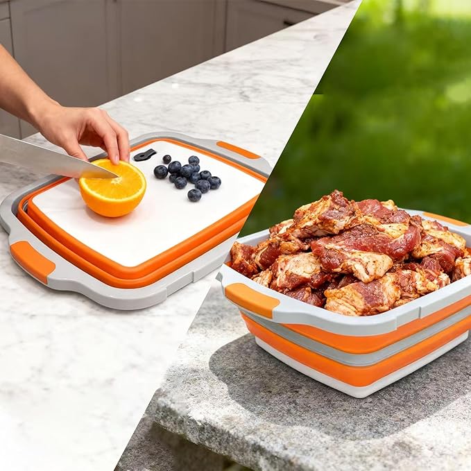 Collapsible BBQ Prep Tub with Cutting Board & Lid, Folding Food Container BPA-Free Heavy-Duty, Dishwasher Safe, Upgraded Drain Hole - for Camping, Grilling Outdoor Cooking (Orange, X-Large)
