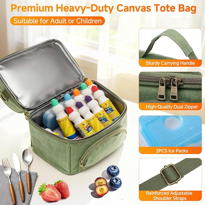 Mens Lunch Box with 2 XL icepacks,Sturdy Waxed Canvas Insulated Lunch Bag for Adult, 2 Compartment Soft Cooler Bag For Work, Picnic, Travel, Outdoors (10.5L) 10"x7"x9.5" (London Green)