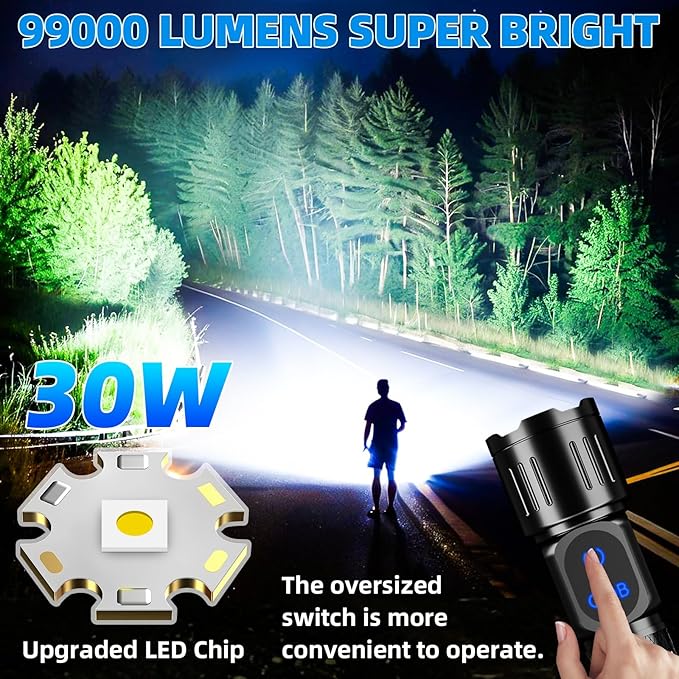 Rechargeable LED Flashlight, Super Bright 99000 High Lumens Flash Light, 9 Modes Zoomable Flashlight with LCD Display, Waterproof Tactical Flashlights for Camping, Home Emergency