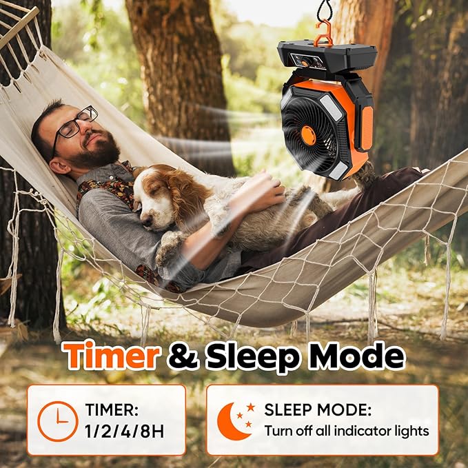 40000mAh Camping Fan, 8 Speed Powerful Battery Powered with 120H Max Cooling, Auto Oscillating with LED Lantern, Portable Rechargeable Fan with Charger, Remote Control for Camping Jobsite Outages