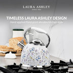 VQ Laura Ashley Wild Meadow 2.5L Stainless Steel Tea Kettle Stovetop Whistling Teapot for Induction, Gas Hob or others. Silicon Coated Cool Handle & Push Button Mechanism Vintage Stove Top Kettle