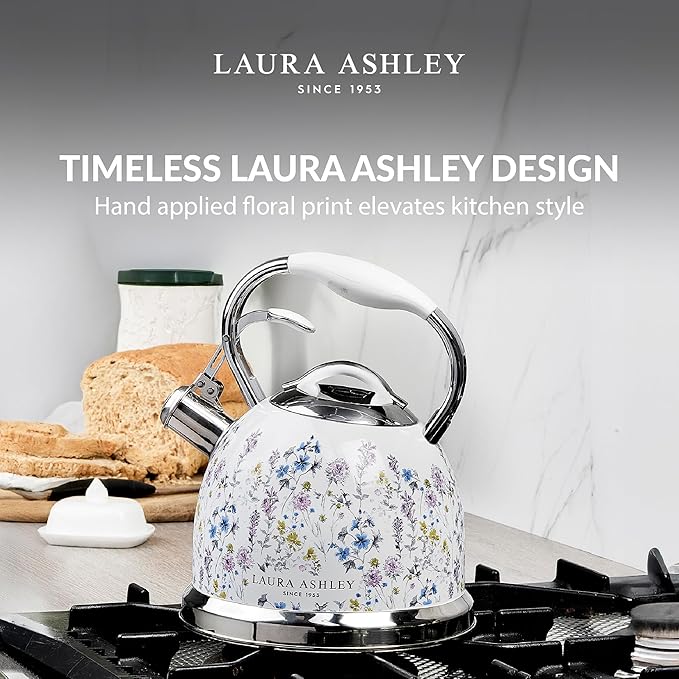 VQ Laura Ashley Wild Meadow 2.5L Stainless Steel Tea Kettle Stovetop Whistling Teapot for Induction, Gas Hob or others. Silicon Coated Cool Handle & Push Button Mechanism Vintage Stove Top Kettle