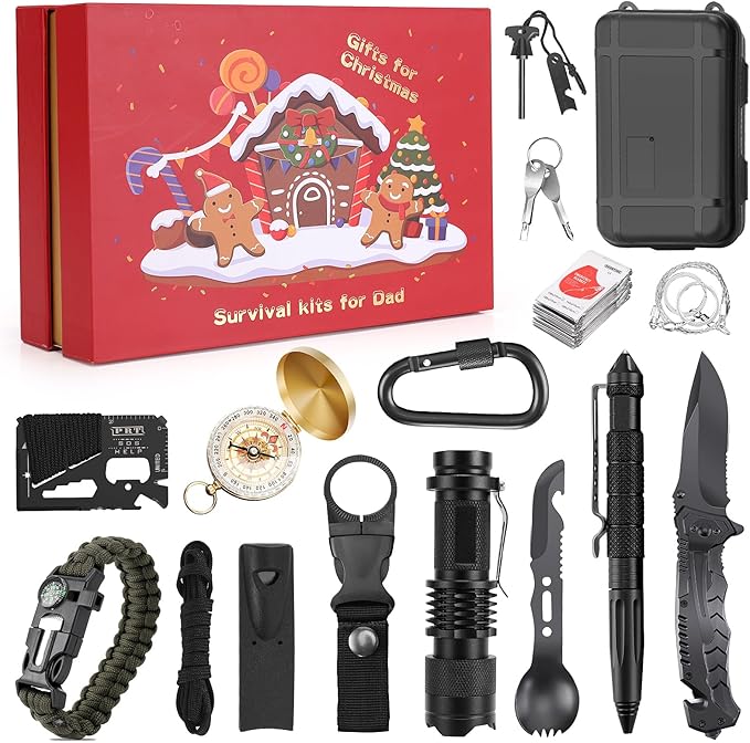 Gifts for Men Christmas Survival Kit 17 in 1, Survival Gear and Supplies for Adult Teen Men, Survival Case, 2025 Xmas Holiday Surprise Gift for Fishing Hunting Camping Outdoor Adventure