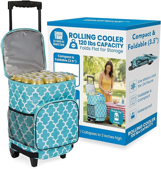 dbest products Ultra Compact Cooler Smart Cart, Moroccan Tile Insulated Collapsible Rolling Tailgate BBQ Beach Summer