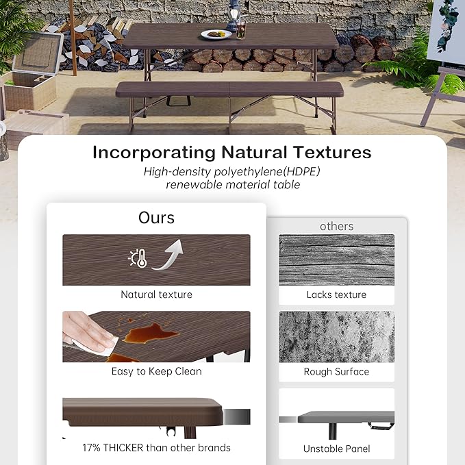 6 Foot Folding Bench, Portable Plastic Folding Bench Seat, Foldable Seat for Indoor Outdoor Picnic Camping Dining, Soccer Garden Multipurpose Entertaining Activities, Brown, 2 Pack