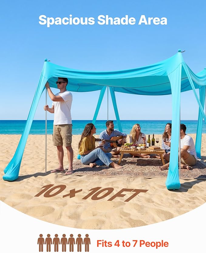 VEVOR Beach Tent Sun Shelter, UPF50+ Sun Protection, 6.6 ft Tall, 10 x 10 ft, Easy Pop Up Beach Canopy with Sandbags, Stability Poles, Sand Shovels, Portable Shade for Family, Camping, Fishing, Green