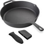 Navaris Cast Iron Skillet - 12"(30cm) Pre-Seasoned Frying Pan with Helper Handle & Silicone Holders, Pour Spouts, for Oven, Stovetop, Grill & Campfire, Heavy-Duty, Even-Heating