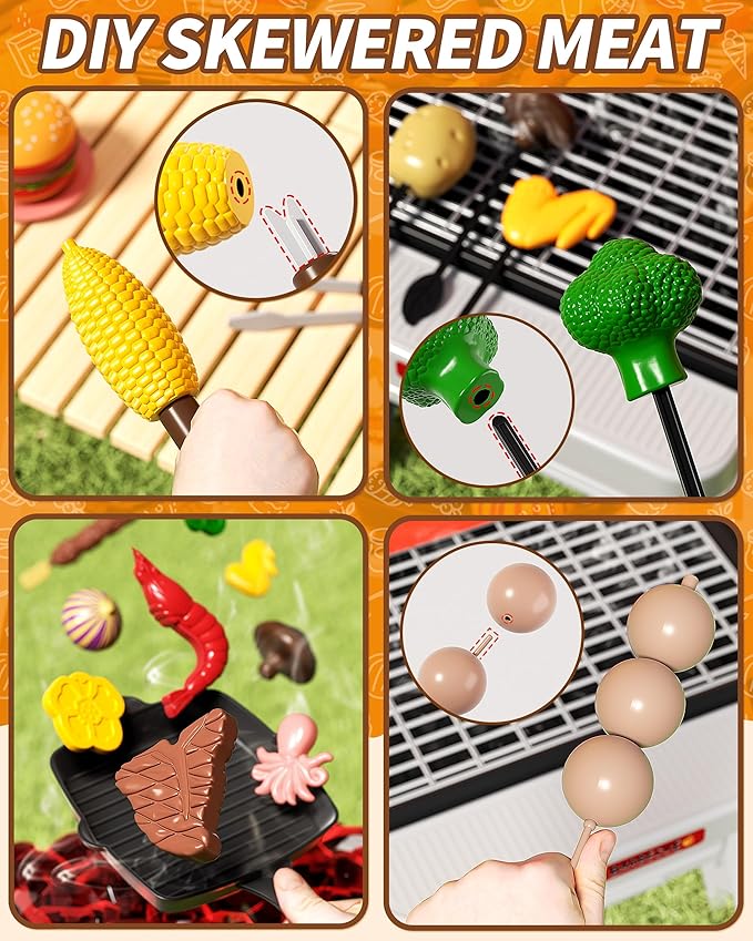 Kids BBQ Grill Playset 60Pcs with Real Steam, Sound & Light - Interactive Pretend Play Kitchen Cooking Toy for Boys Girls Ages 4-8 - Indoor Outdoor Backyard Barbecue Camping Set Birthday Gifts