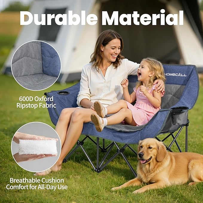 Double Camping Chair for Adults - Heavy Duty Folding Loveseat Support 700 lbs, 2 Person Padded Camping Couch Portable with Cup Holders & Storage Bag for Camping, Lawn, Sports, Blue