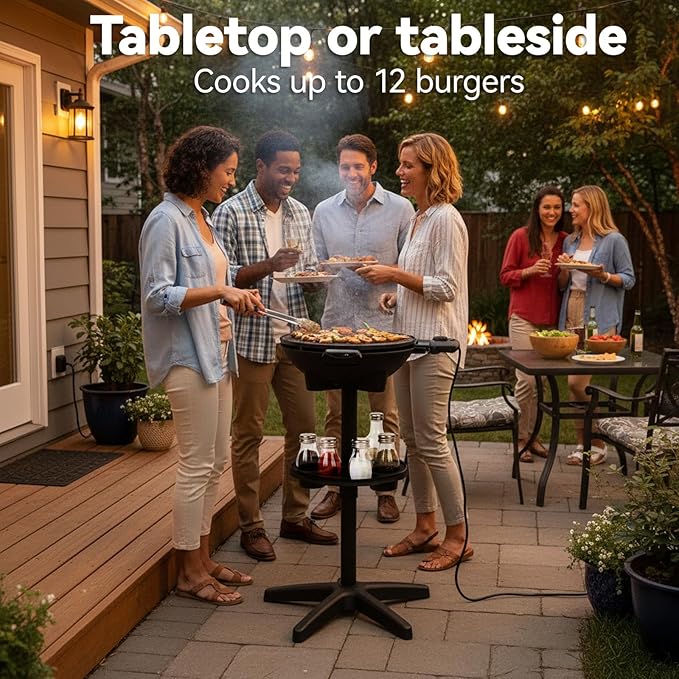 Outdoor Electric Grill for Balcony, Backyard & Outdoor Camping - 2-in-1 Grill Stove, Non-Stick Baking Pan, Intelligent Temperature Control, Removable Stand, Portable BBQ, Party, Gray