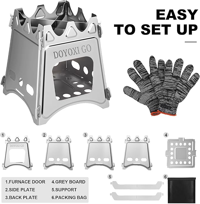 Portable Camping Wood Stove - DOYOXIGO Folding Wood Burning Stove Stainless Steel Camp Stove, Lightweight Backpacking Stove for Outdoor Hiking Camping Traveling Picnic BBQ