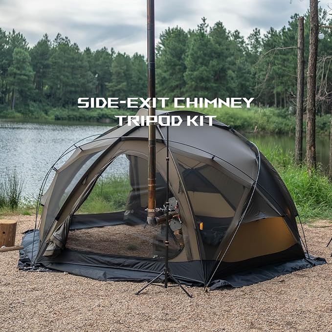 Side-Exit Chimney Tripod Kit for Camping Stoves, Adjustable Pipe Support Stand for Hot Tent & Wood Stove Setups
