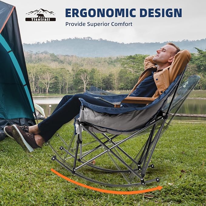 Oversized Rocking Camping Chair, Fully Padded Camp Chairs for Adults with Side Pocket and Cup Holder, Heavy-Duty 400lbs Capacity, Blue & Gray