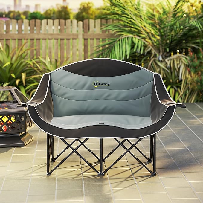 Outsunny Double Camping Chair for Adults, Padded Folding Camp Chair for 2 Person with Armrest, Wine Glass Holder, Cup Holder, Carry Bag for Outdoor Sports, Picnics, Supports up to 552 lbs.