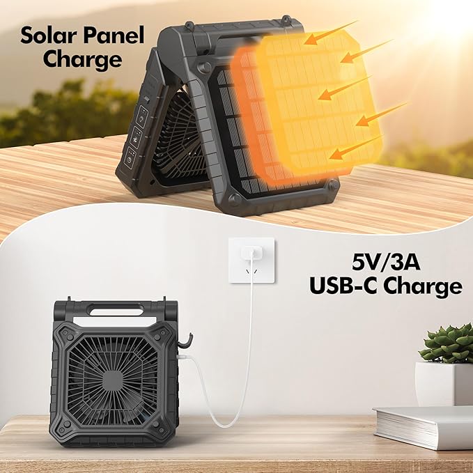 Solar Fan with LED Lantern - Battery Powered with Solar Panel, 90° Adjust, 3 Speed & Timer, 40Hrs Cooling, Rechargeable Battery Operated, Solar Powered for Camping Outdoor Fishing Travel RV Hurricane