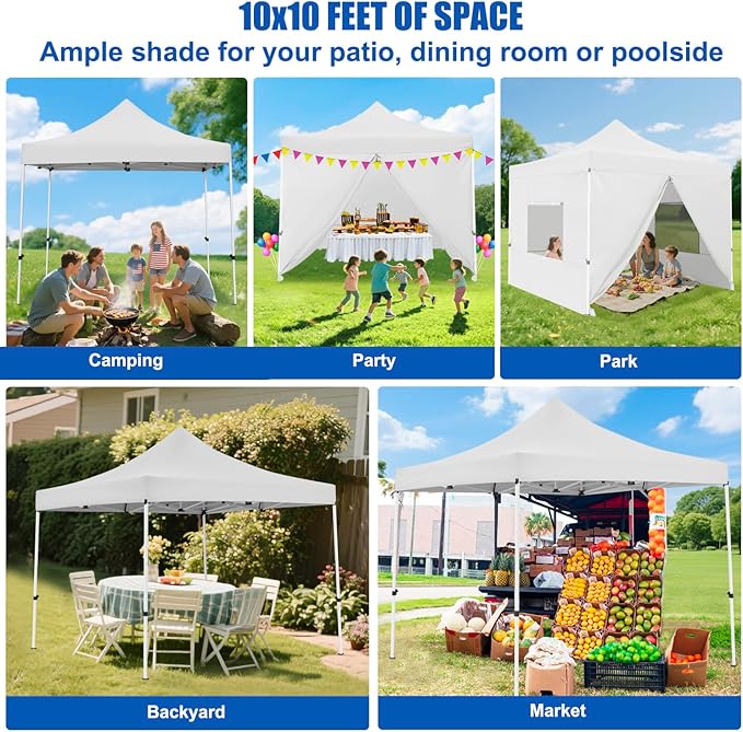 Yesker 10x10 Pop Up Canopy Tent with 4 Sidewalls Portable Folding Outdoor Canopy Easy Setup Gazebo Waterproof Instant Popup Shelter Tent w Wheel Carry Bag sandbags for Events Parties Camping, White