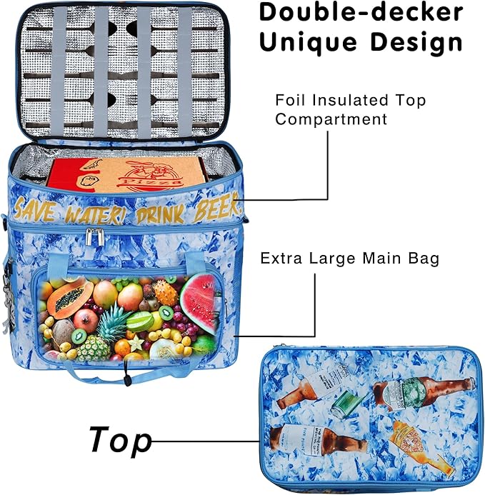 Soft Collapsible Insulated Sided Cooler - 60 Can Large Leakproof Picnic Beach Meal Prep Portable Travel Cooler for Shopping, Kayaking, Road Trips