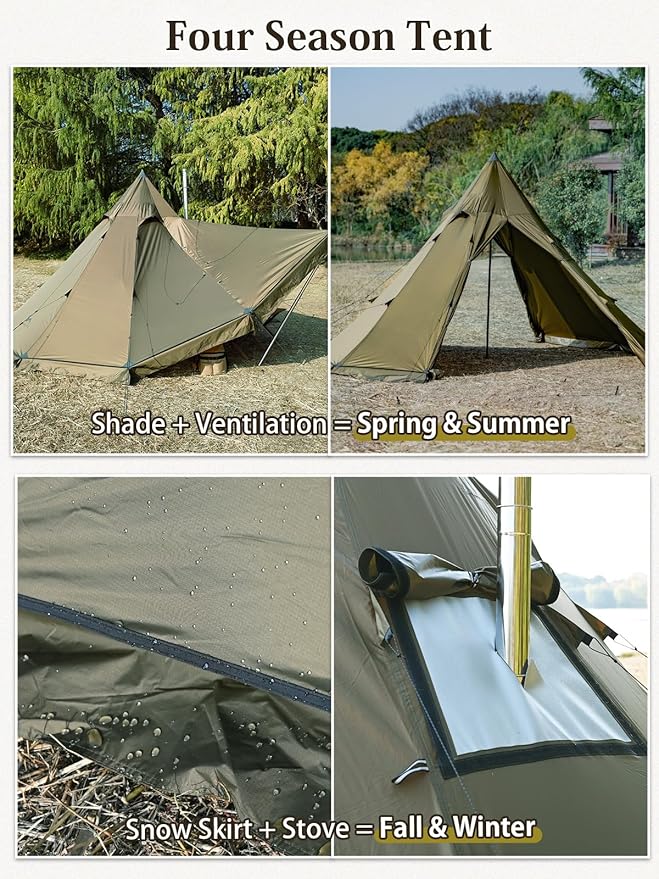 TOMOUNT Hot Tent, Tipi Teepee Tent with Stove Jack, 70D Ripstop Nylon, PU3000mm, Waterproof Lightweight for 2-4 Person, 4 Season Backpacking Hunting Hiking