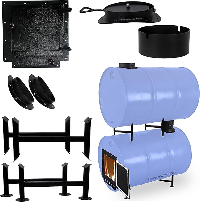 Double Barrel Stove Kit – Perfect For 30 to 55 Gal Drum Wood Stove Kit - Heavy Duty Steel Barrel Camp Stove Kit w/Stove Door - DIY Oil Barrel Stove Kit Heat for Winters in Workshop, Cabin, Garage