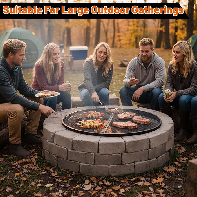 40 Inch X-Marks Fire Pit Grill Grate Round Foldable Fire Pit Cooking Grate Heavy Duty Steel Campfire BBQ Grill Grid with Handles for Outdoor Camping Cooking, Black