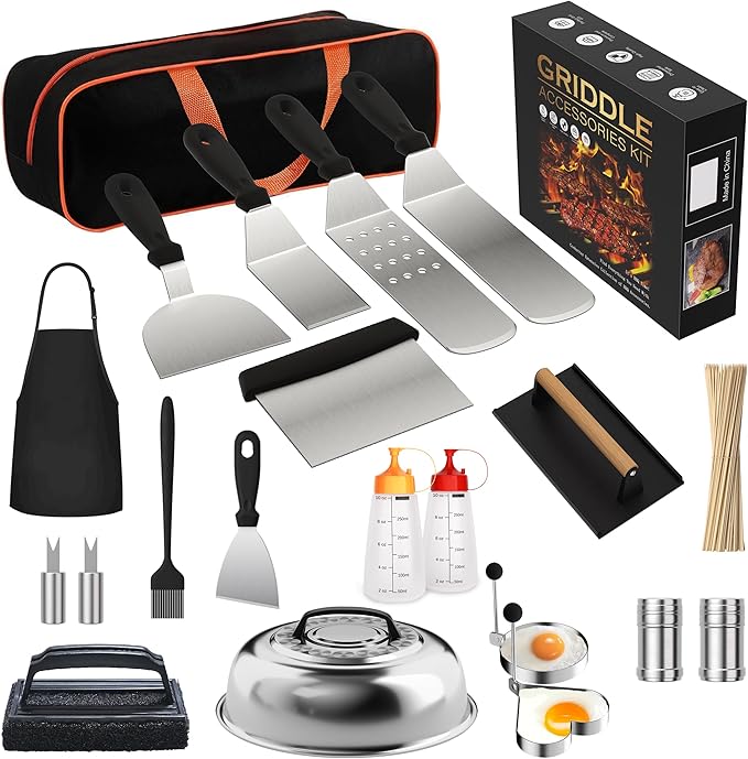 120 Pcs Griddle Accessories Kit for Blackstone - Perfect Flat Top Grill Accessories for Outdoor, Professional Round Melting Dome with Cast Iron Smash Burger Press for Barbecue.