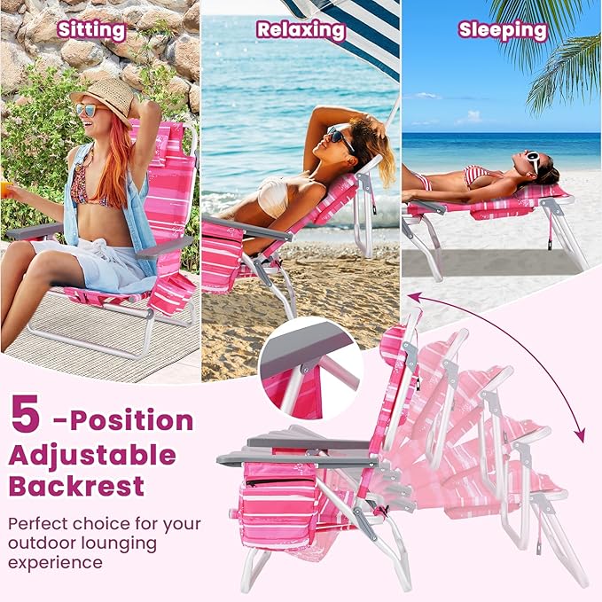 Goplus Beach Chair, Folding Backpack Beach Chairs for Adults with 5 Positions, Head Pillow, Cooler Bag, Towel Bar, Cup Holders, Sunbath Sling Tanning Lounge, Foldable Layout Camping Chairs