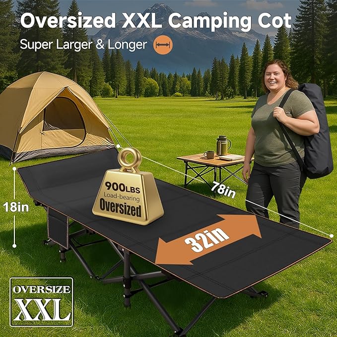Slsy Oversized Camping Cot with 2" Memory Foam Mattress, Upgraded Padded Folding Cot Bed with Carry Bag, Portable Sleeping Cot for Camping, Travel, Beach & Hiking