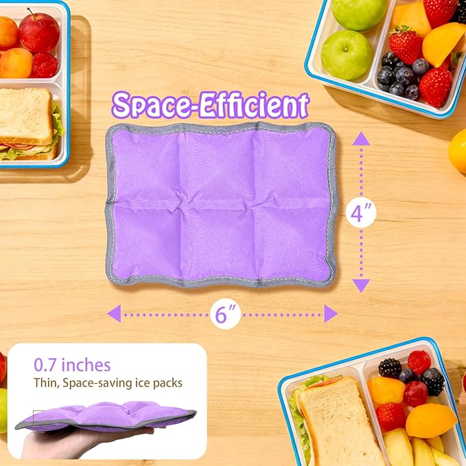 4pcs Reusable Ice Packs for Lunch Boxes & Coolers, (6”x4”x0.7”) Slim Freezer Packs for School Lunch Bags, Small Non-Toxic Cooler for Picnic & Camping