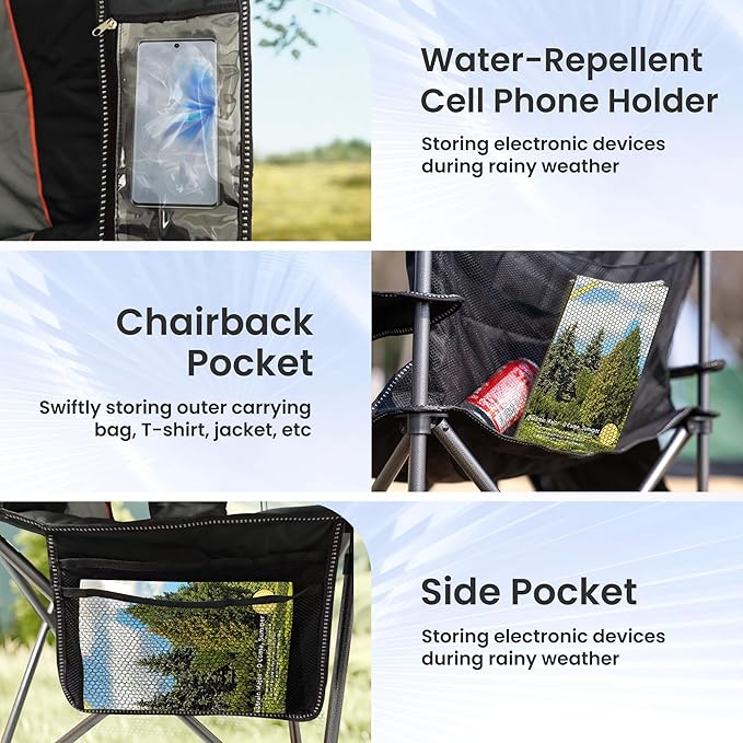 Folding Camping Chairs for Adults - High Back Padded Outdoor Lawn Chairs with Lumbar Support & Cup Holder (Black & Gray, 1 Pack)
