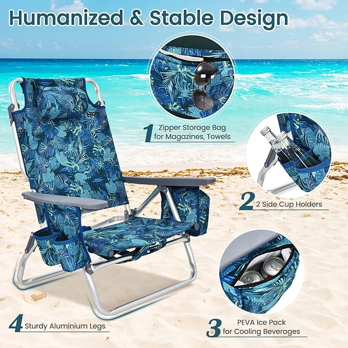 Tangkula Set of 4 Backpack Beach Chair, 5-Position Lay Flat Beach Chairs with Cooler Bag, 2 Cup Holders, Towel Bar, Lightweight Low Folding Beach Chair with Backpack Straps, Navy