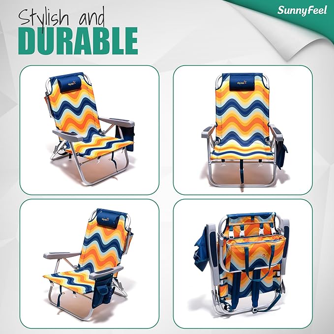 SUNNYFEEL Beach Chairs for Adults 2 Pack 5 Position Lay Flat, Portable Folding Backpack Beach Chair Heavy Duty with Cooler Bag, Cup Holder for Outdoor/Lawn/Picnic, Foldable Camping Chair