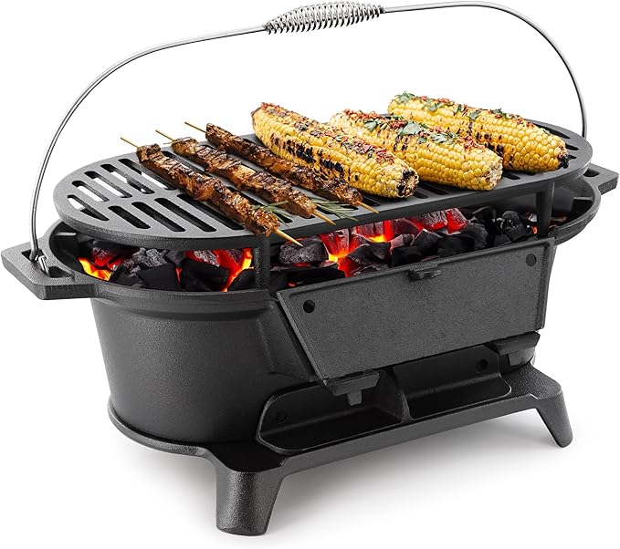 Megachef Oval Cast Iron Portable Hibachi Grill for Outdoor Use and Camping in Black