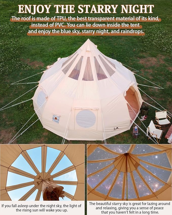 TOMOUNT Canvas Tent with Rainfly with Stove Jack Bell Tent Yurt Glamping Tent with TPU Transparent Roof for Family Camping