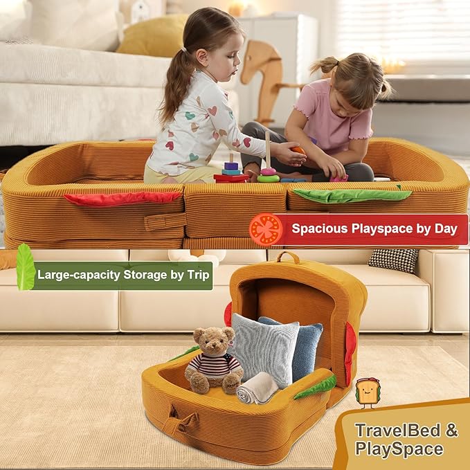 Toddler Travel Bed Sandwich Style - Portable Toddlers Floor Beds, Foldable Soft Foam Travel Crib for Baby and Kid, Washable Cover Toddler Cot with Safety Rail for Travel, Home/Travel Sleep