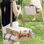 Multifunctional Wicker Picnic Basket Set for 4 Blanket Family Folding Wine Table,Insulated Portable Extra Big Storage Capacity Natural Woven Rattan Canasta De Full Tablewares Camping Outdoor Flowers
