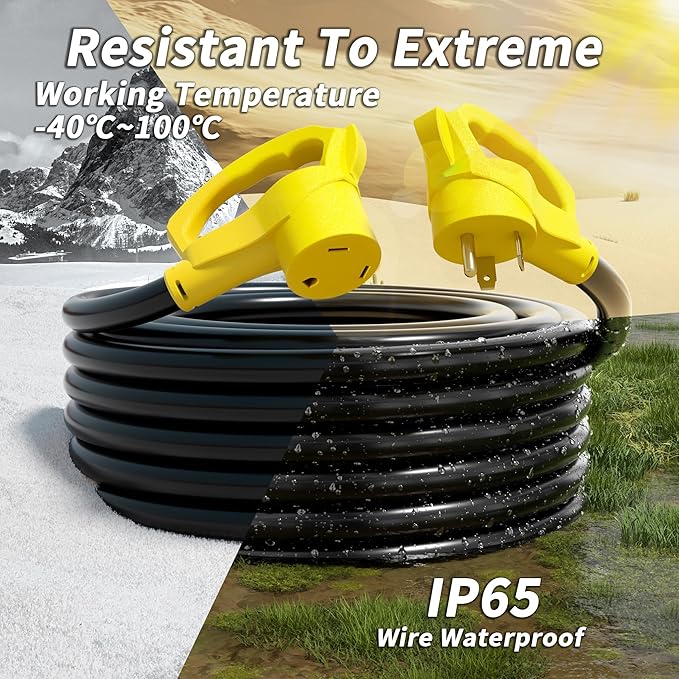 15 FT 30 Amp RV Extension Cord Outdoor with Grip Handle, Flexible Heavy Duty 10/3 Gauge STW RV Power Cord Waterproof with Cable Organizer, NEMA TT-30P to TT-30R, Black-Yellow, ETL Listed