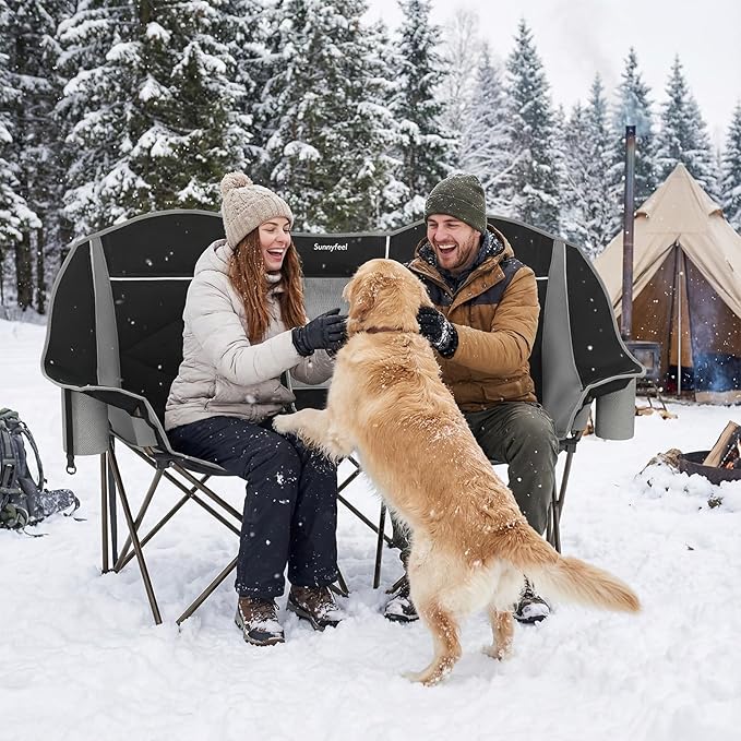 SUNNYFEEL Heated Double Camping Chair Oversized Folding Loveseat Chair for 2 Adults Heavy Duty Camping Couch 600 lbs with Cup Holders & Storage for Camping, Beach, Lawn, Patio RV & Indoor Use