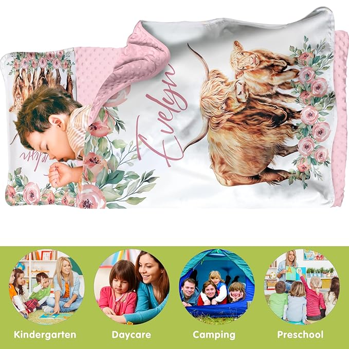 Custom Toddler Nap Mat for Preschool, Personalized Name Kids Sleeping Bag with Highland Cow Pattern for Daycare, Roll Up Sleeping Mat with Removable Pillow and Soft Dot Minky Blanke for Girls Camping