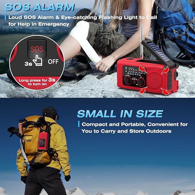 Emergency Weather Radio NOAA AM FM WB with 4000mAh Rechargeable Radio, USB Solar Hand Crank Charging, Flashlight, SOS Alarm, Reading Lamp Portable for Outdoor Indoor Emergencies, 2 Pack