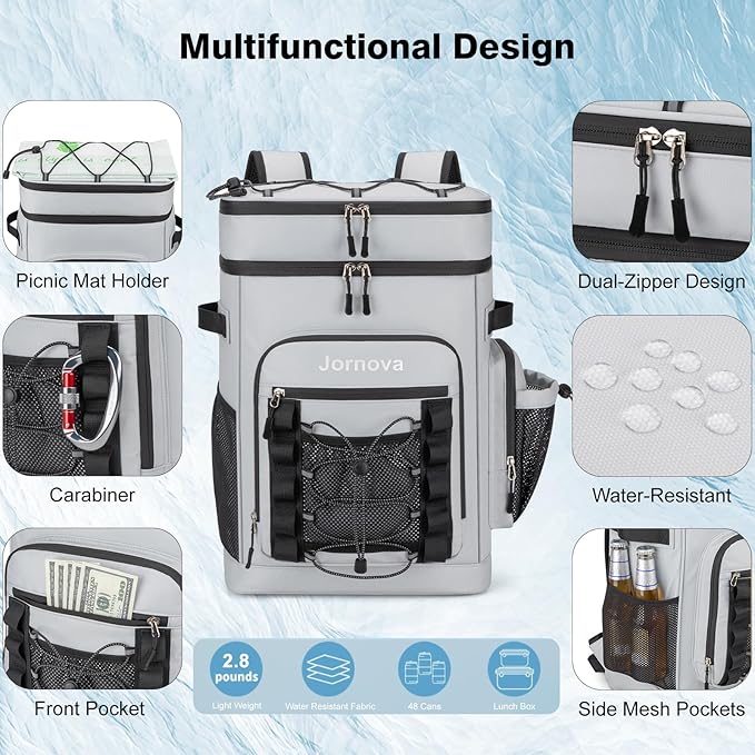 Insulated Cooler Backpack, 40L Leakproof Backpack with Double Compartments for Men & Women, Large Lunch Cooler for Camping, Beach, Travel, Picnic, Up to 48 Cans
