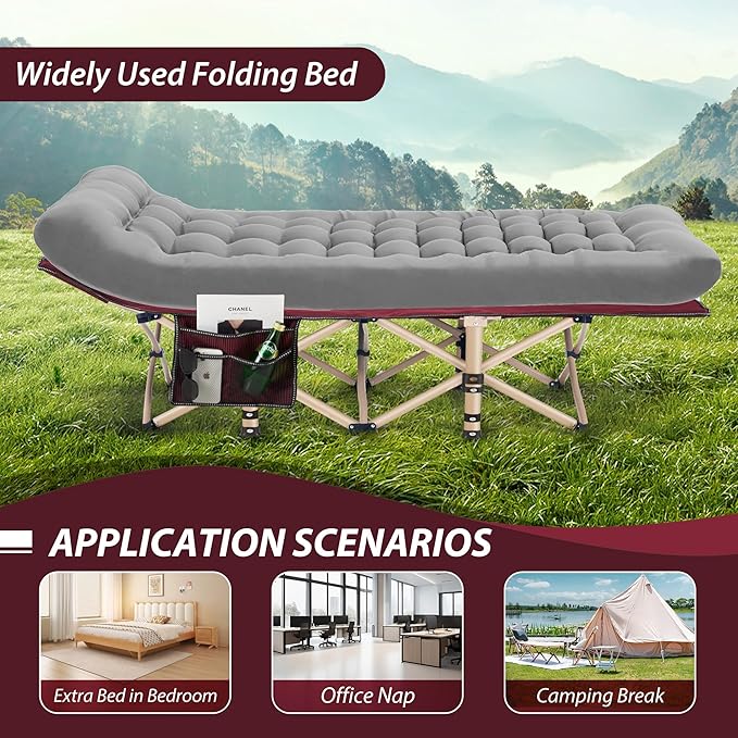 Folding Camping Cot for Sleeping, Portable Cots for Adults, Heavy Duty Cot Bed 550LBS(Max Load), Extra Wider Cots with Large Pocket for Outdoor, Office, Beach
