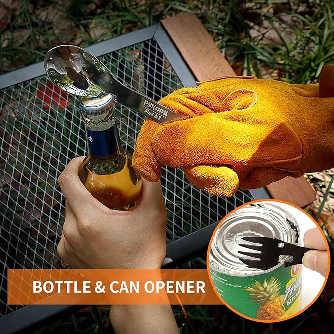 PSKOOK 5-in-1 Utility Tactical Spork, Stainless Steel Spoon & Bottle Opener, Fork & Knife, Can Opener Combo Camping Utensil for Hiking, Camping or Backpacking (Matte Silver)